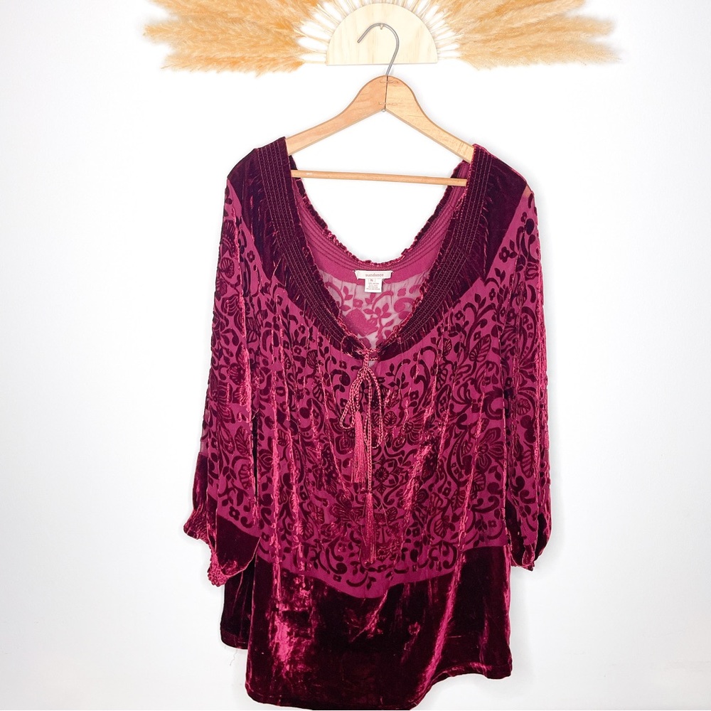 Sundance Velvet & Silk Sheer Mesh Burnout Peasant Top Burgundy Red